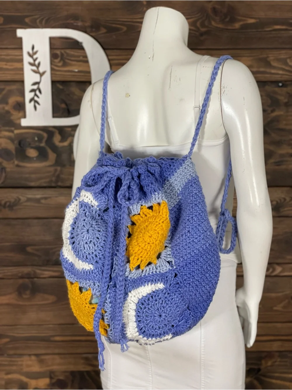 Hand-Crocheted Drawstring Bag Yellow Sun and Moon Blue Crochet‎ Knit Back Pack